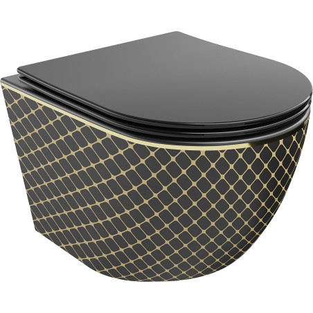 Mexen Lena WC-Schüssel Rimless mit Absenkautomatik Slim, Duroplast, Schwarz Matt/Goldenes Karomuster - 30224079