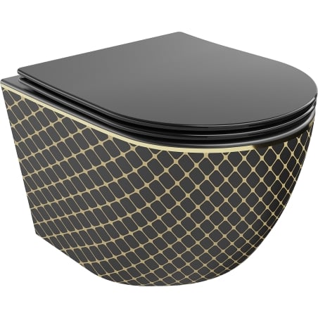 Mexen Lena WC-Schüssel Rimless mit absenkbarem Slim-Sitz, Duroplast, schwarz matt/goldenes Karomuster - 30224079