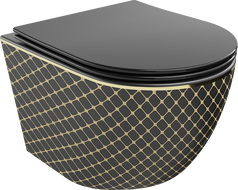 Mexen Lena WC-Schüssel Rimless mit langsam schließendem Deckel slim, Duroplast, schwarz matt/goldenes Karomuster - 30224079