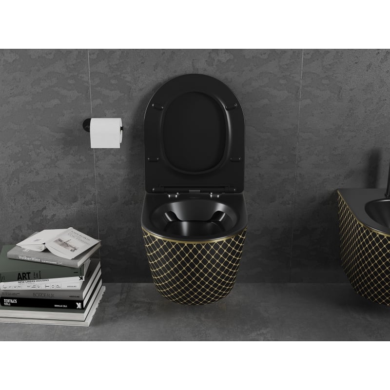 Mexen Lena WC-Schüssel Rimless mit langsam schließendem Deckel slim, Duroplast, schwarz matt/goldenes Karomuster - 30224079