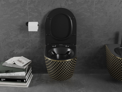 Mexen Lena WC-Schüssel Rimless mit Absenkautomatik Slim, Duroplast, Schwarz Matt/Goldenes Karomuster - 30224079
