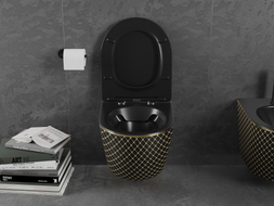 Mexen Lena WC-Schüssel Rimless mit Absenkautomatik Slim, Duroplast, Schwarz Matt/Goldenes Karomuster - 30224079