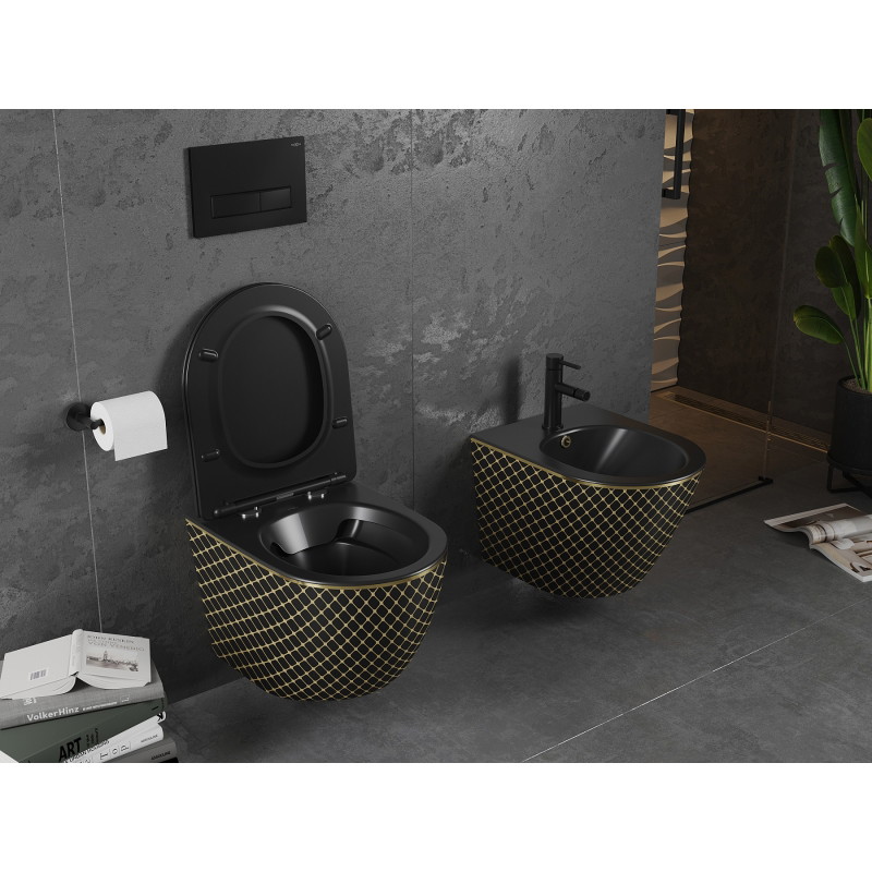 Mexen Lena WC-Schüssel Rimless mit Absenkautomatik Slim, Duroplast, Schwarz Matt/Goldenes Karomuster - 30224079