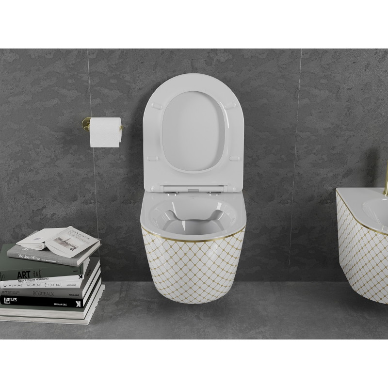 Mexen Lena WC-Schüssel Rimless mit Slim-Absenkautomatik, Duroplast, weiß/goldenes Karomuster - 30224009
