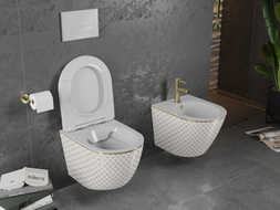 Mexen Lena WC-Schüssel Rimless mit Slim-Absenkautomatik-Sitz, Duroplast, weiß/goldenes Karomuster - 30224009