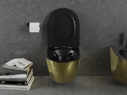 Mexen Lena WC-Schüssel Rimless mit Slim-Absenkautomatik-Sitz, Duroplast, Schwarz Matt/Gold Muster Schuppen - 30224078