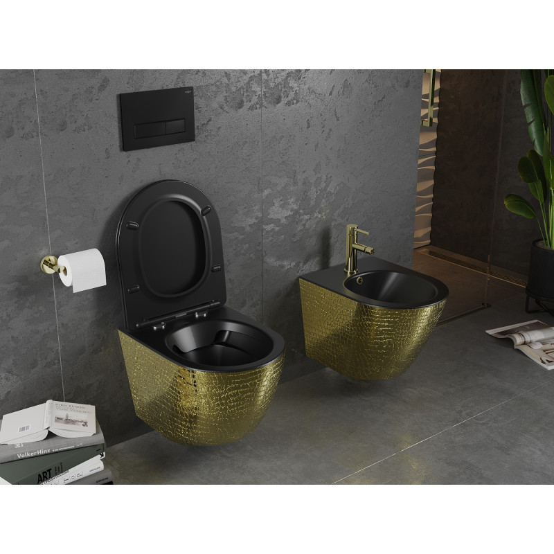 Mexen Lena WC-Schüssel Rimless mit Slim-Absenkautomatik-Sitz, Duroplast, Schwarz Matt/Gold Muster Schuppen - 30224078