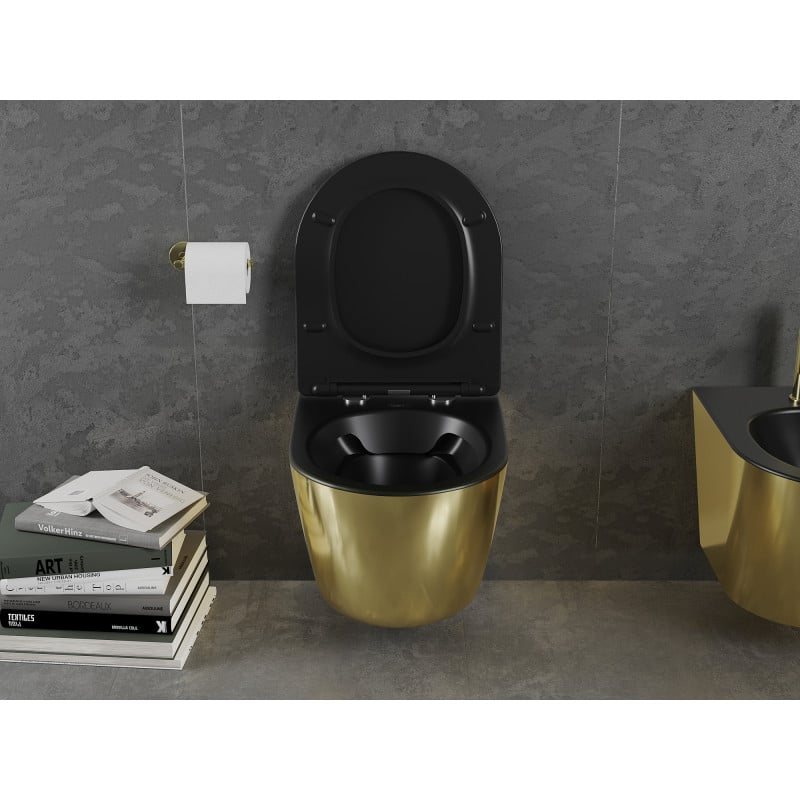 Mexen Lena WC-Schüssel Rimless mit Soft-Close-Slim-Deckel, Duroplast, Schwarz Matt/Gold - 30224076