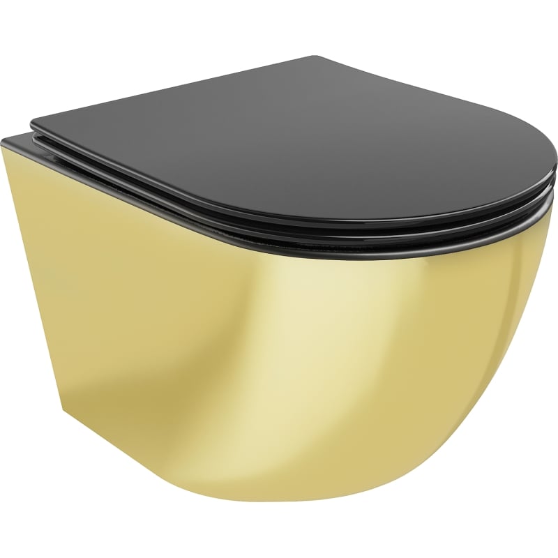 Mexen Lena WC-Schüssel ohne Rand mit langsam schließendem, schlankem Sitz, Duroplast, Schwarz matt/Gold - 30224076