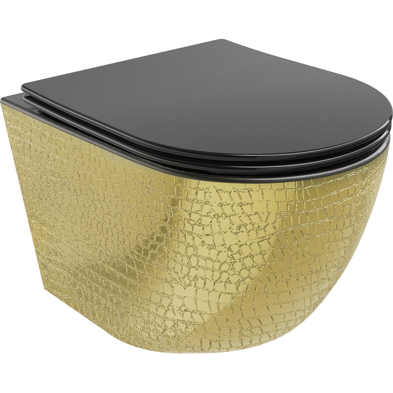 Mexen Lena WC-Schüssel Rimless mit langsam schließendem Slim-Sitz, Duroplast, Schwarz matt/Goldenes Schuppenmuster - 30224078