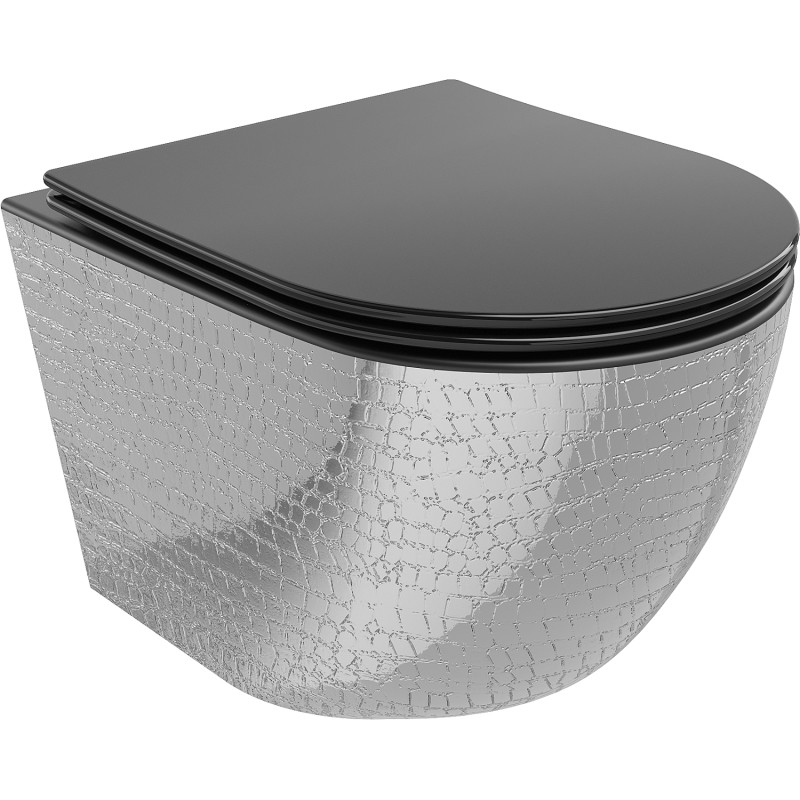 Mexen Lena WC-Schüssel Rimless mit Absenkautomatik Slim, Duroplast, Schwarz Matt/Silber Schuppenmuster - 30224072