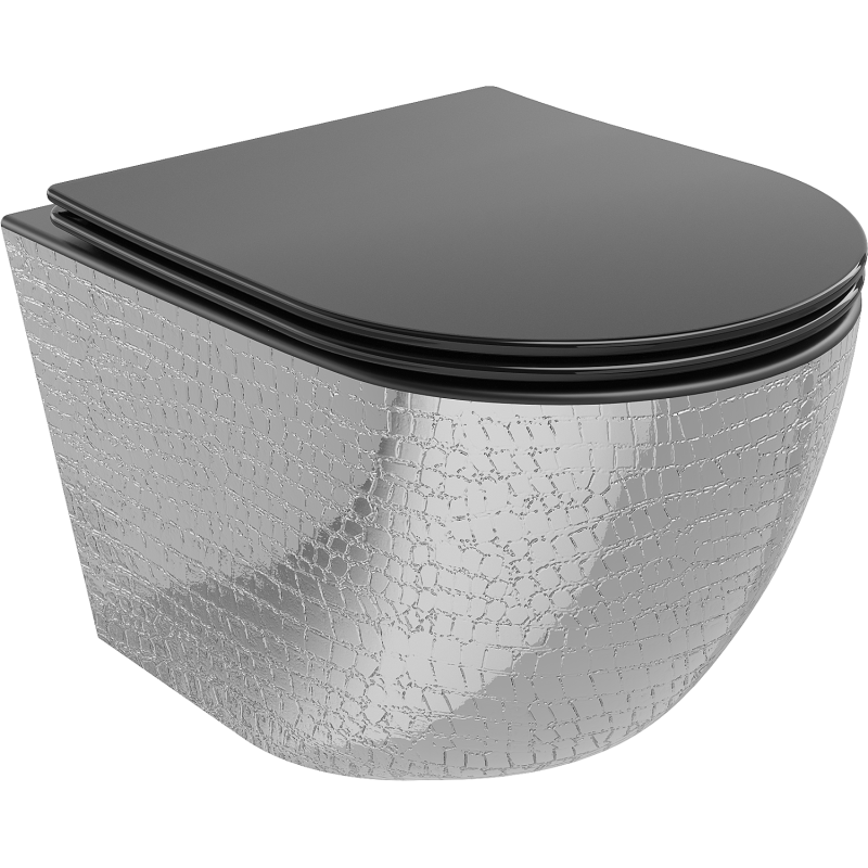 Mexen Lena WC-Schüssel Rimless mit Slim-Absenkautomatik, Duroplast, schwarz matt/silbernes Schuppenmuster - 30224072