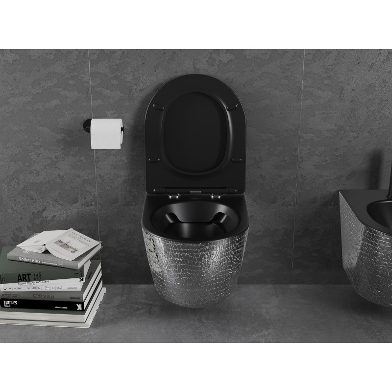 Mexen Lena WC-Schüssel Rimless mit Absenkautomatik Slim, Duroplast, Schwarz Matt/Silber Schuppenmuster - 30224072
