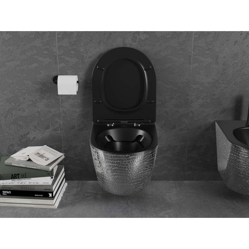 Mexen Lena WC-Schüssel Rimless mit Slim-Absenkautomatik, Duroplast, schwarz matt/silbernes Schuppenmuster - 30224072