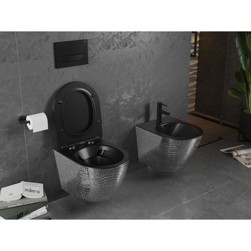 Mexen Lena WC-Schüssel Rimless mit Absenkautomatik Slim, Duroplast, Schwarz Matt/Silber Schuppenmuster - 30224072