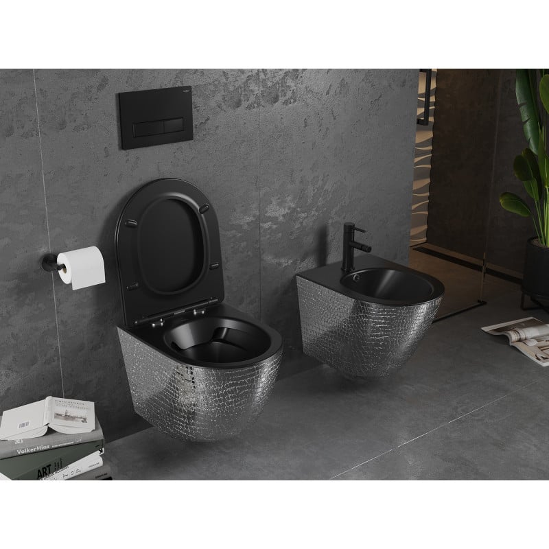 Mexen Lena WC-Schüssel Rimless mit Absenkautomatik Slim, Duroplast, schwarz matt/silbernes Schuppenmuster - 30224072