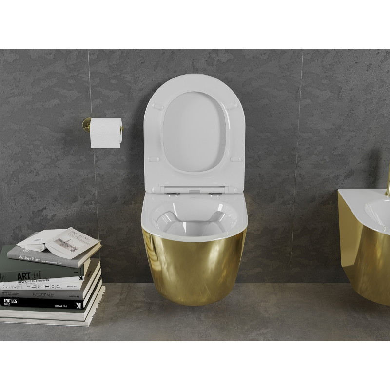Mexen Lena Rimless WC-Schüssel mit Soft-Close-Slim-Deckel, Duroplast, Weiß/Gold - 30224006