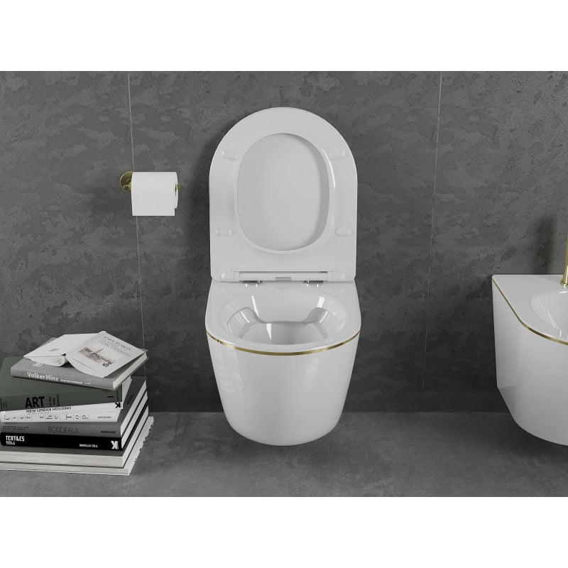 Mexen Lena WC-Schüssel Rimless mit softclose, Duroplast, weiß/goldene Linie - 30224005