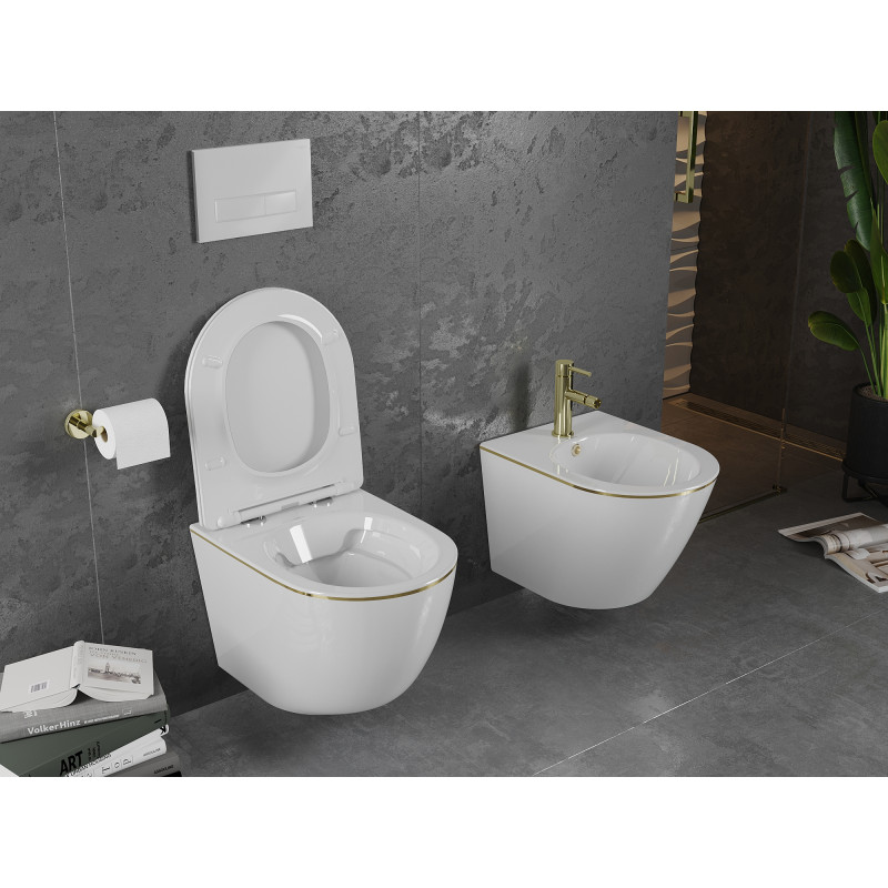 Mexen Lena WC-Schüssel Rimless mit softclose Slim-Sitz, Duroplast, weiß/goldene Linie - 30224005