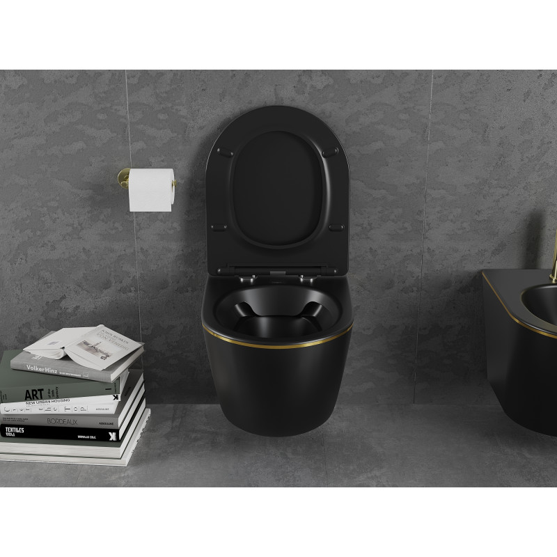 Mexen Lena WC-Schale Rimless mit softschließendem Slim-Sitz, Duroplast, schwarz matt/goldene Linie - 30224075
