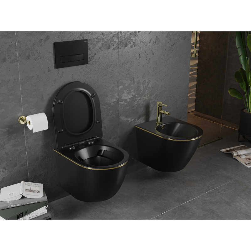 Mexen Lena WC-Schale Rimless mit softschließendem Slim-Sitz, Duroplast, schwarz matt/goldene Linie - 30224075