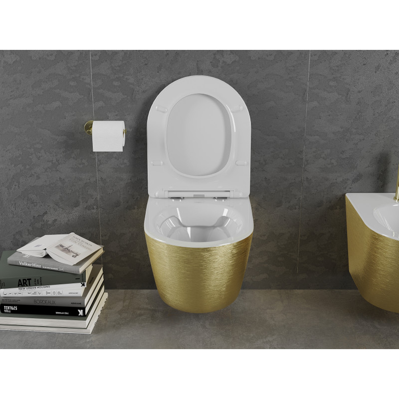 Mexen Lena WC-Schüssel Rimless mit langsam schließendem Slim-Sitz, Duroplast, weiß/golden Linienmuster - 30224007