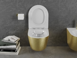 Mexen Lena WC-Schüssel Rimless mit langsam schließendem Slim-Sitz, Duroplast, weiß/goldenes Linienmuster - 30224007