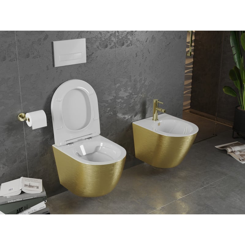 Mexen Lena WC-Schüssel Rimless mit langsam schließendem Slim-Sitz, Duroplast, weiß/golden Linienmuster - 30224007