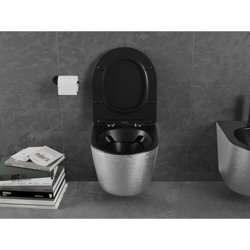 Mexen Lena WC-Schüssel Rimless mit Slim-Absenkautomatik, Duroplast, mattschwarz/silbernes Linienmuster - 30224073