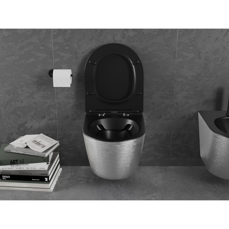 Mexen Lena WC-Schüssel Rimless mit Slim-Absenkautomatik, Duroplast, Schwarz Matt/Silbernes Linienmuster - 30224073