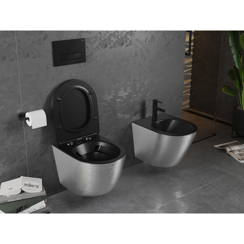 Mexen Lena WC-Schüssel Rimless mit Slim-Absenkautomatik, Duroplast, Schwarz Matt/Silbernes Linienmuster - 30224073