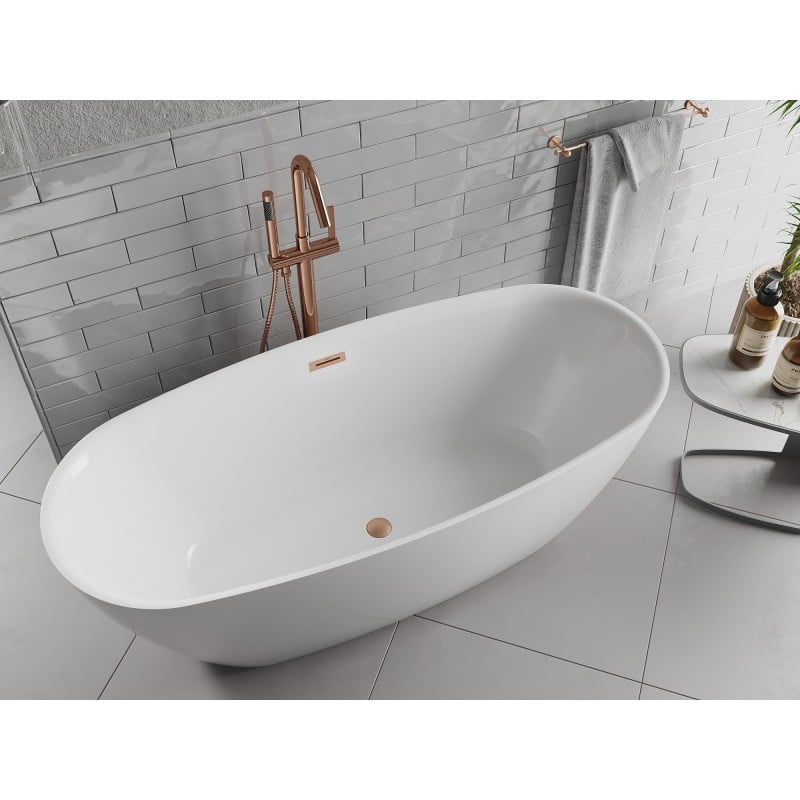 Mexen Luvo Slim freistehende Wanne 170 x 75 cm, weiß, Überlauf gebürstetes Kupfer - 52801707500-65