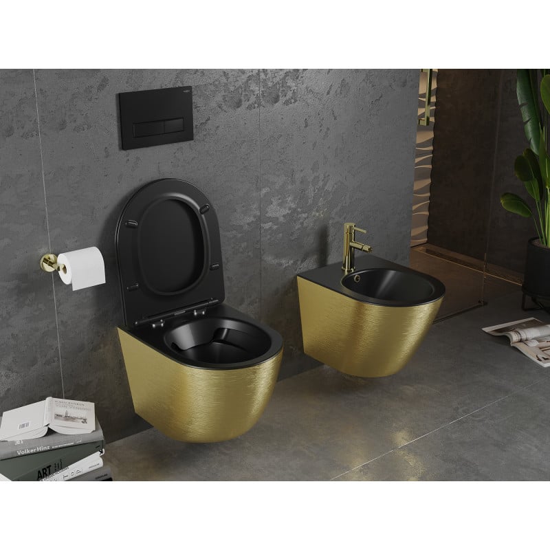 Mexen Lena WC-Schüssel Rimless mit langsam schließendem Slim-Sitz, Duroplast, Schwarz Matt/Gold Linienmuster - 30224077