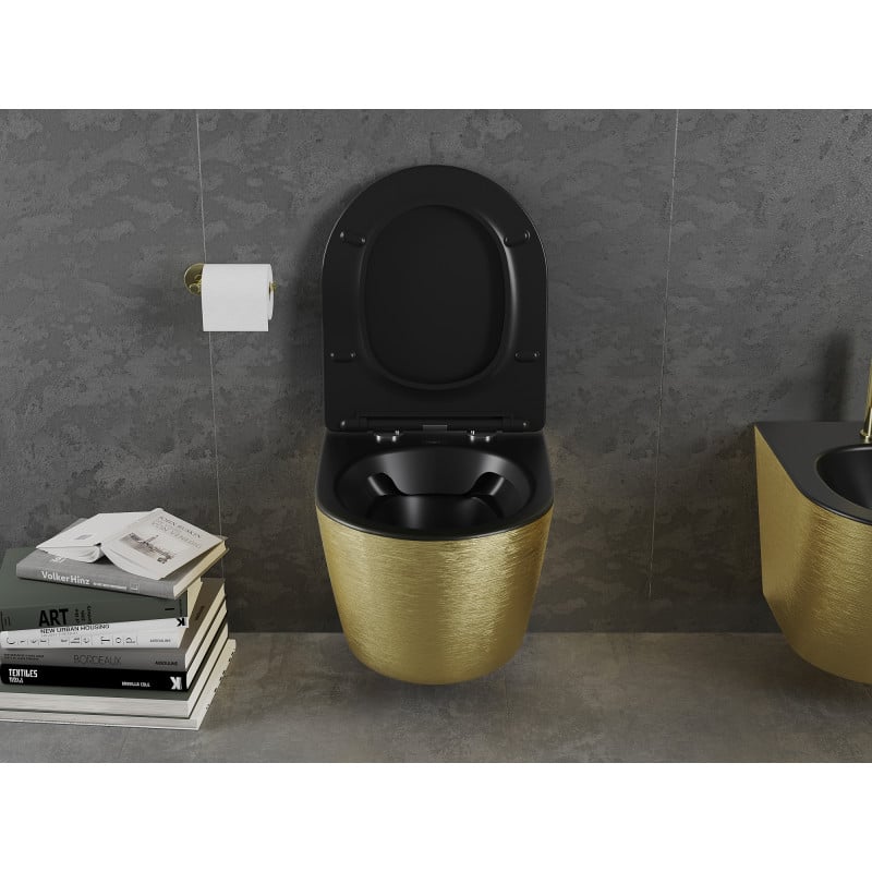 Mexen Lena WC-Schüssel Rimless mit langsam schließendem Slim-Sitz, Duroplast, Schwarz Matt/Gold Linienmuster - 30224077