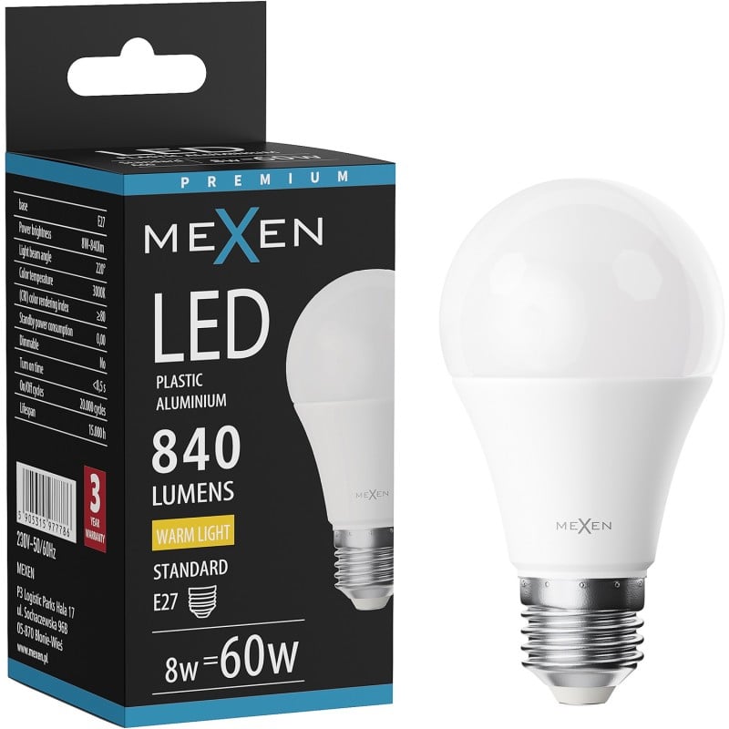 Mexen Nova LED-Glühbirne E27, A60, 8W, Warm - 3000K, 840 lm - L100-E27-0830-01