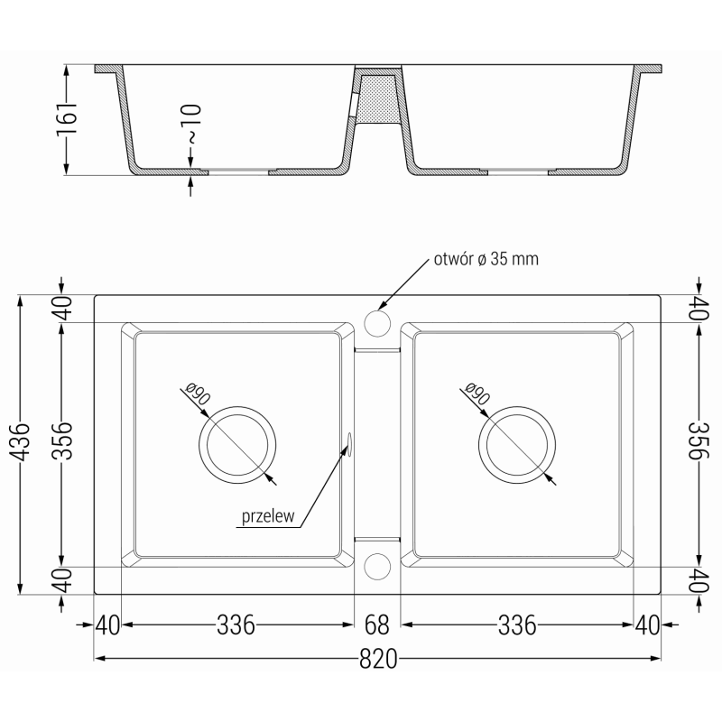 Mexen Mario Granitspüle 2-Kammer 820 x 436 mm, beige, goldener Siphon - 6504822000-69-G