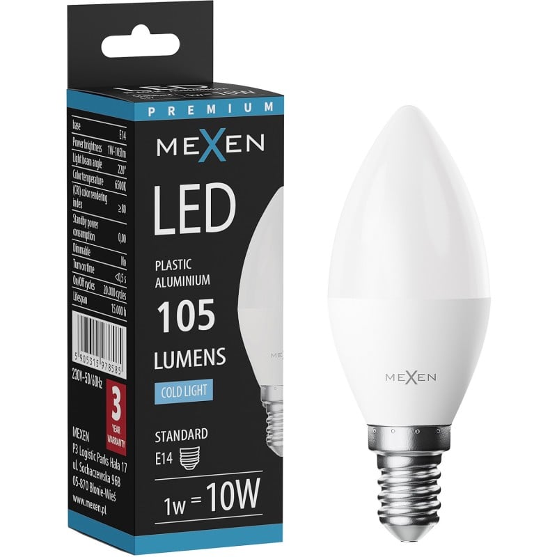 Mexen Nova LED-Glühbirne E14, C37, 1W, Kalt - 6500K, 105 lm - L102-E14-0165-01