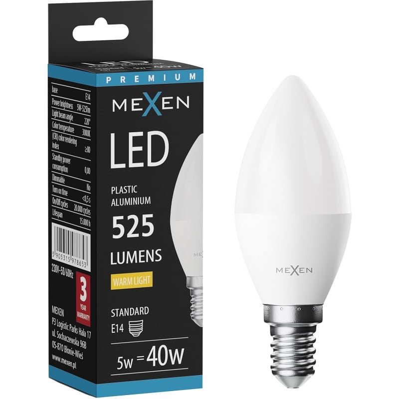 Mexen Nova LED-Lampe E14, C37, 5W, Warm - 3000K, 525 lm - L102-E14-0530-01