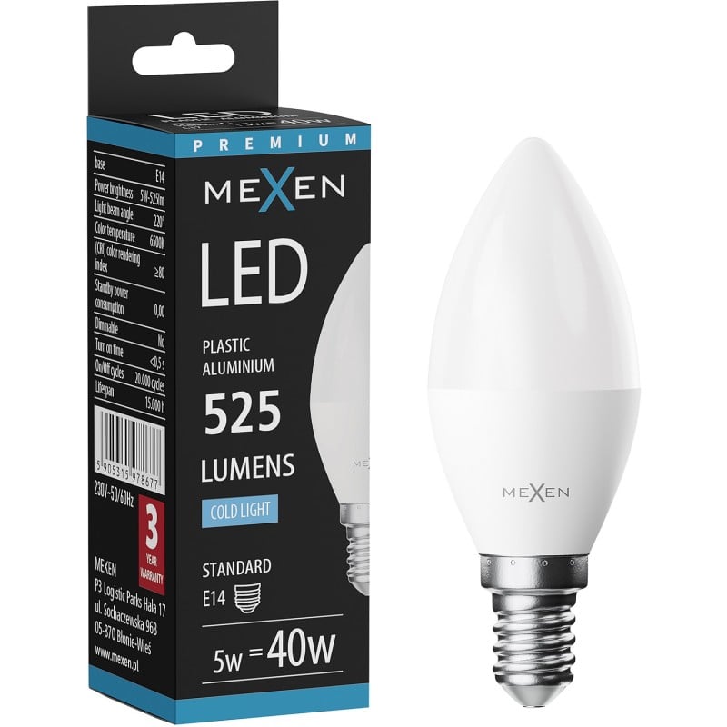 Mexen Nova LED-Glühbirne E14, C37, 5W, Kalt - 6500K, 525 lm - L102-E14-0565-01