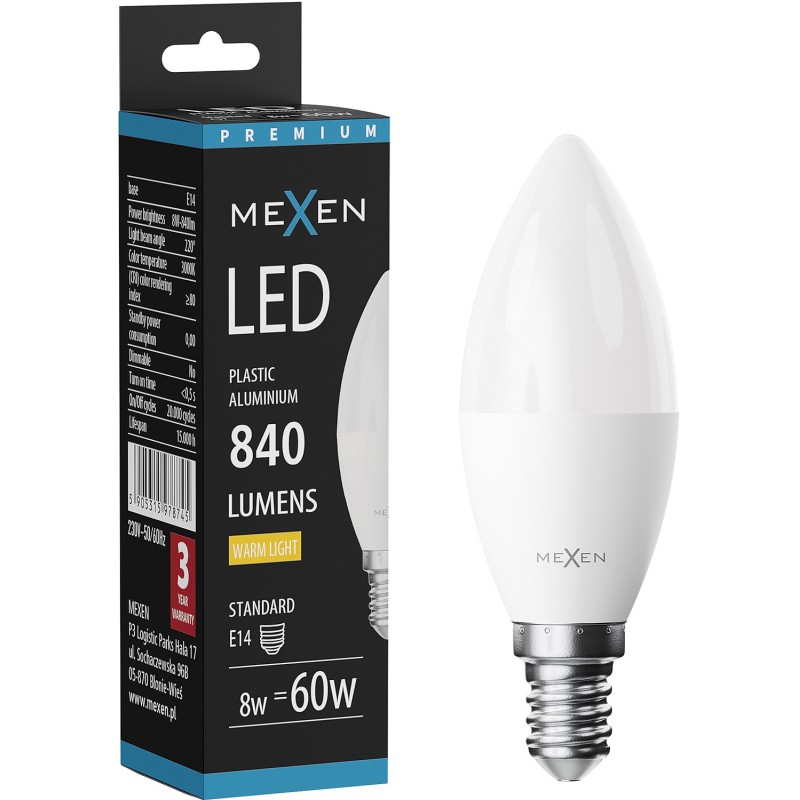 Mexen Nova LED-Glühbirne E14, C37, 8W, Warm - 3000K, 840 lm - L102-E14-0830-01