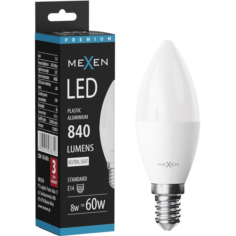 Mexen Nova LED-Lampe E14, C37, 8W, Neutral - 4000K, 840 lm - L102-E14-0840-01