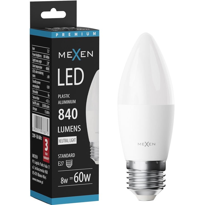Mexen Nova LED-Glühbirne E27, C37, 8W, Neutral - 4000K, 840 lm - L102-E27-0840-01