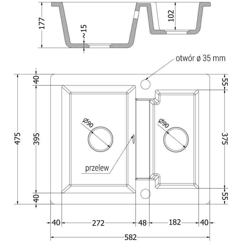 Mexen Carlos Granitspüle 1,5 Becken 582 x 475 mm, schwarz/silber metallic, Chrom-Siphon - 6518581500-73