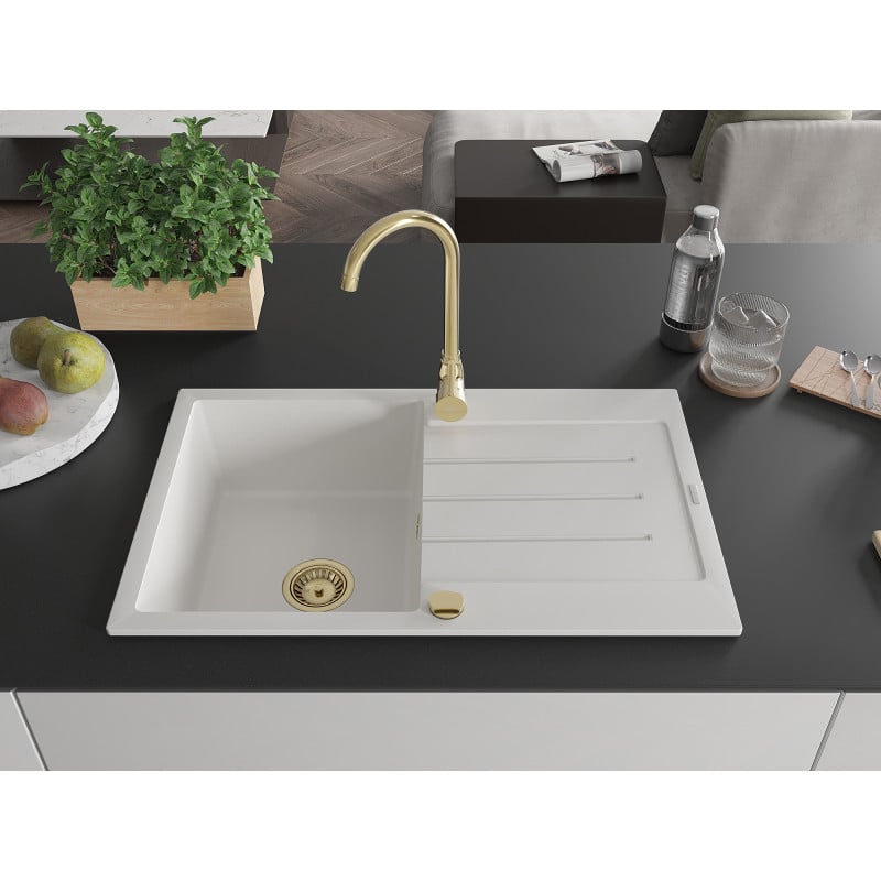 Mexen Bruno Granitspüle 1-beckig mit Abtropffläche 795 x 495 mm, weiß, goldener Siphon - 6513791010-20-G