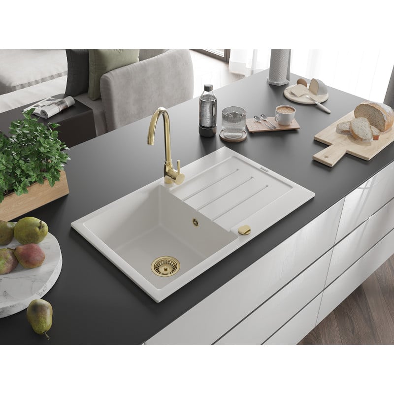 Mexen Bruno Granitspüle 1-beckig mit Abtropffläche 795 x 495 mm, weiß, goldener Siphon - 6513791010-20-G
