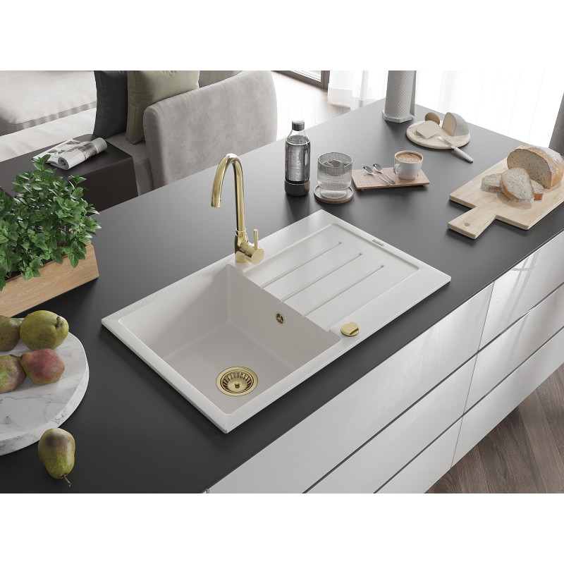 Mexen Bruno Granitspüle 1-Kammer mit Abtropffläche 795 x 495 mm, weiß, Syphon gold - 6513791010-20-G