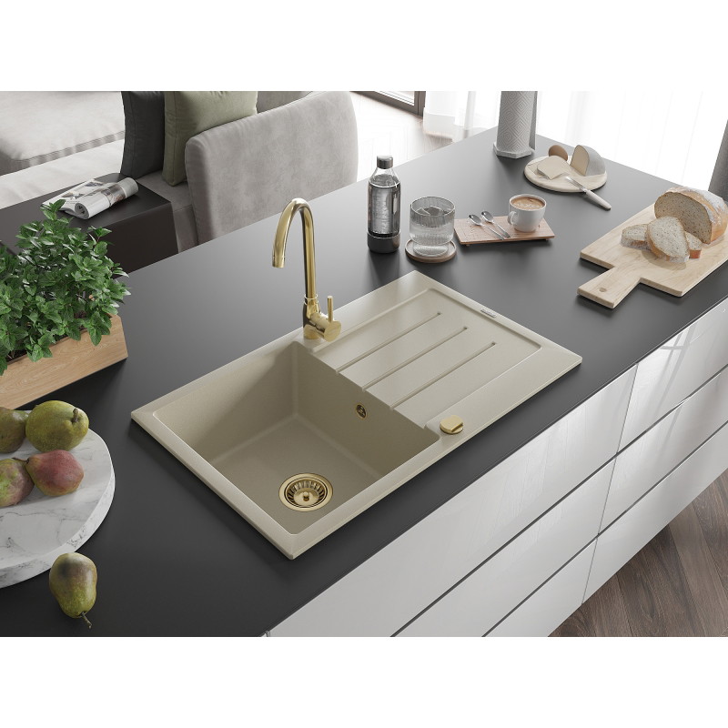 Mexen Bruno Granitspüle 1-beckig mit Abtropffläche 795 x 495 mm, beige, goldener Siphon - 6513791010-69-G