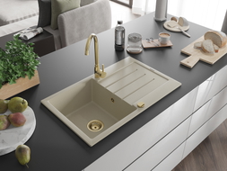 Mexen Bruno Granitspüle 1-Becken mit Abtropffläche 795 x 495 mm, beige, goldener Siphon - 6513791010-69-G