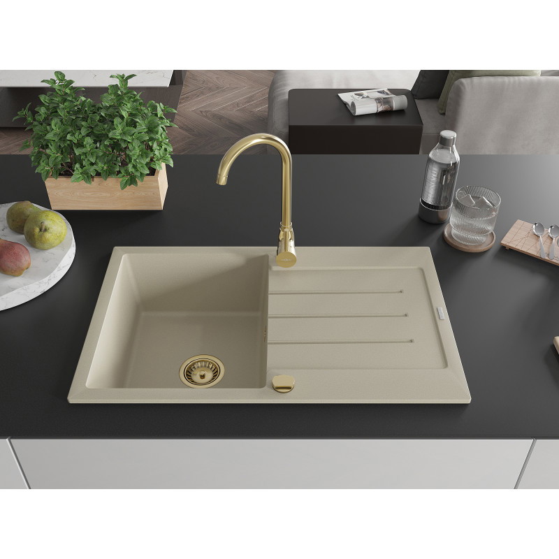 Mexen Bruno granitspüle 1-beckig mit Abtropffläche 795 x 495 mm, beige, Siphon gold - 6513791010-69-G