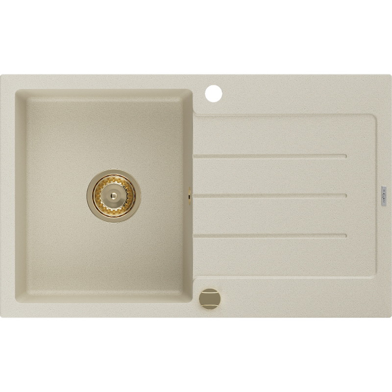 Mexen Bruno Granitspüle 1-beckig mit Abtropffläche 795 x 495 mm, beige, goldener Siphon - 6513791010-69-G